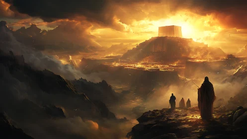 Prophets approach luminous mountain citadel under storm sky