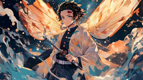Anime swordsman with ethereal butterfly wings and water effects