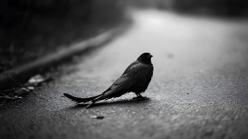 Solitary Black Bird on Empty Road in Moody Black and White Style.