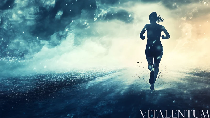 Silhouetted runner sprints through stormy abstract light.