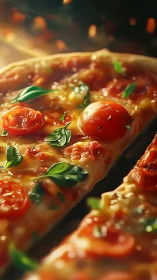 Margherita pizza slice glows under warm oven light.