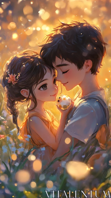 Couple Embraced in Golden Bokeh Light.