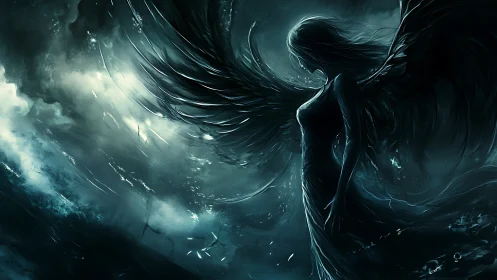 Dark winged angel rises from stormlit ocean vortex