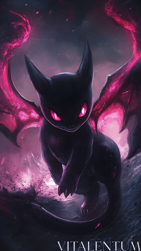 Shadowflare dragon-kitten poised in neon stormlight.