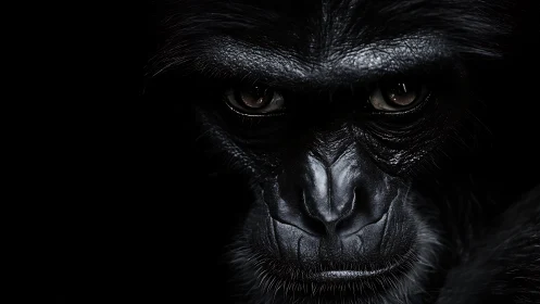 Intense low key portrait of gorilla face in deep shadow.