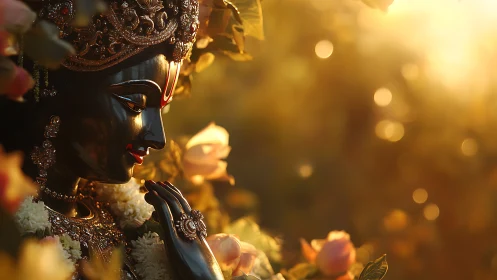 Photorealistic divine sculpture in golden bokeh environment.