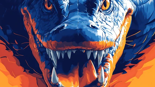 Predatory dragon close-up in bold blue and orange flames.