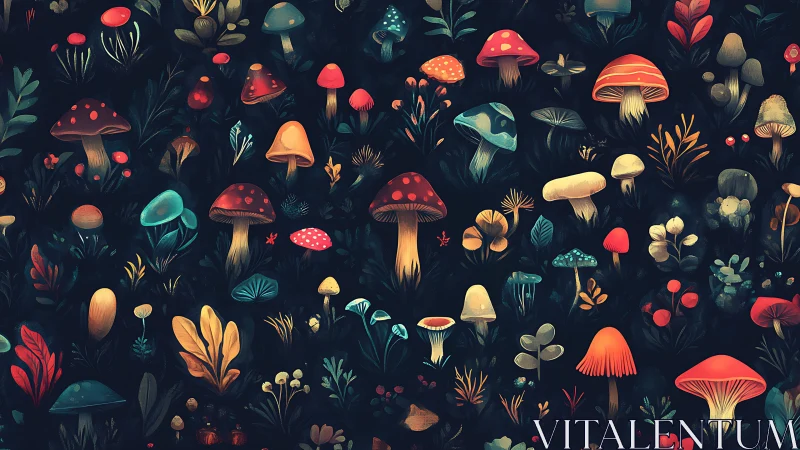 Bioluminescent forest mushrooms glow against deep night foliage.