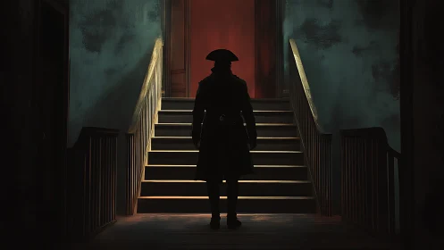 Silhouetted officer ascends dim stairway toward red door