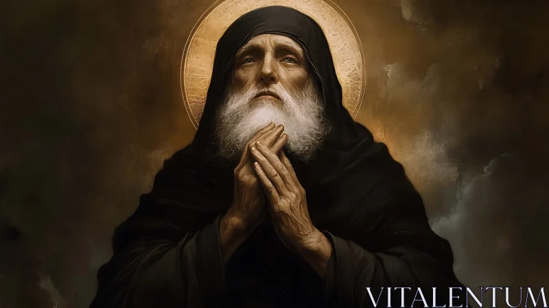 Elderly monk in prayer beneath radiant golden halo.