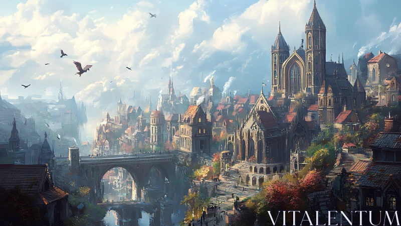 Epic fantasy cathedral cityscape with aerial perspective rendering.