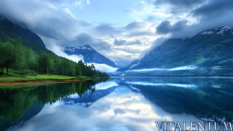 Cloud-draped fjord mirror where mountains practice calm.