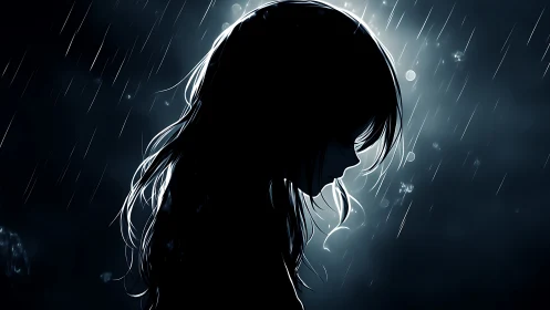 Quiet silhouette in the rain, where tender thoughts linger.