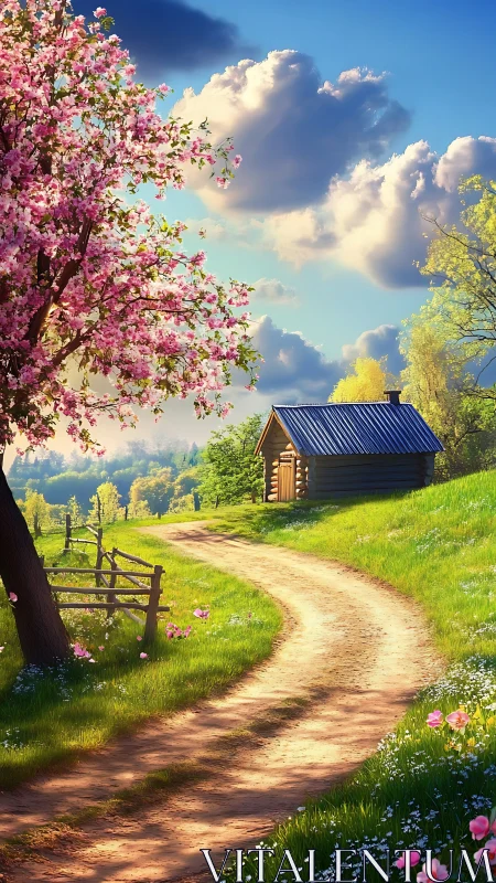 Curved dirt path leads to small wooden cabin under spring sky