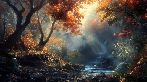 Luminous Forest Gorge with Autumnal Canopy and Cascading Waterway