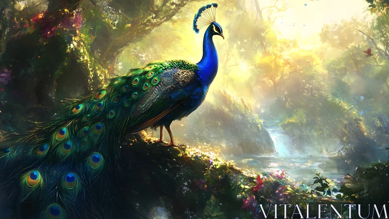 Iridescent peacock rendered in luminous spectral forest light.