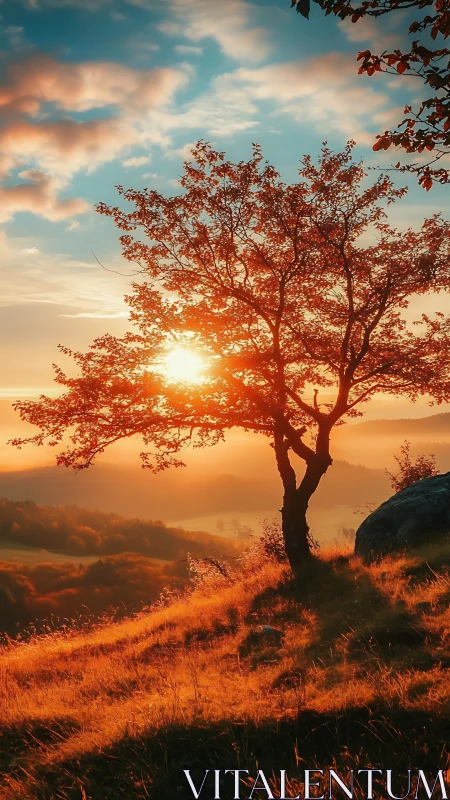 Lone hillside tree framed by vivid orange sunset light.