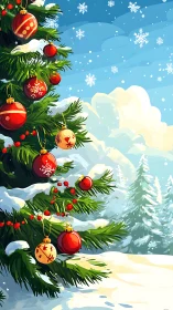 Snowy Christmas tree stands bright in a vivid winter landscape.