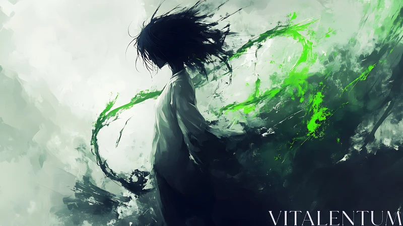 Mysterious figure commands swirling green energy in silence