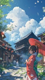 Kimono girl under red umbrella in sunny old town street.