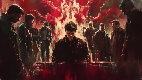 Multiple male figures are arranged around central seated subject