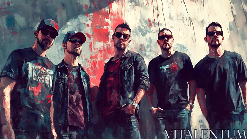 Rock band group portrait in bold painted street style.