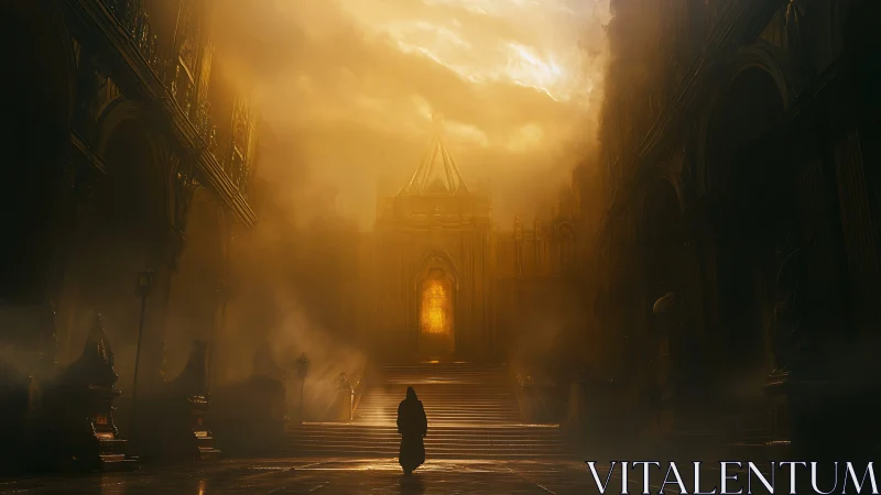 Robe-clad figure before grand stairway and lit gateway.