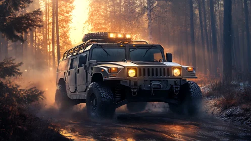 Off-road SUV driving through misty forest at sunrise.