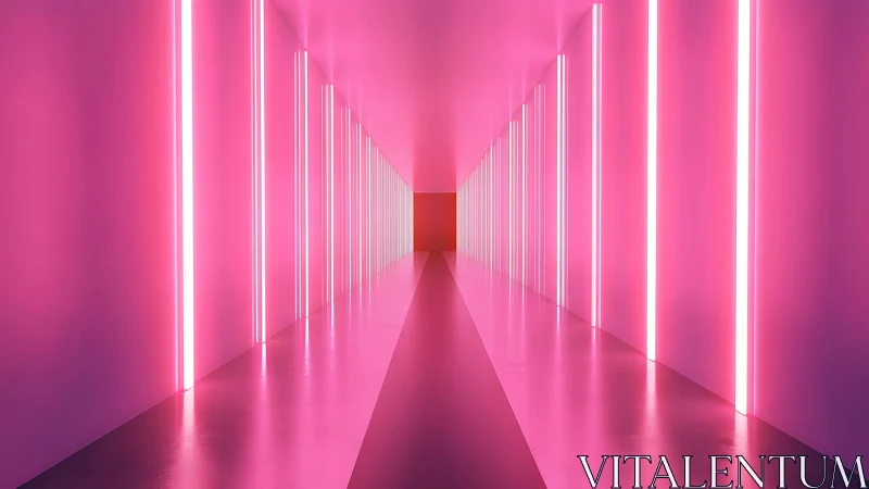 Symmetrical corridor with vertical pink neon light strips.