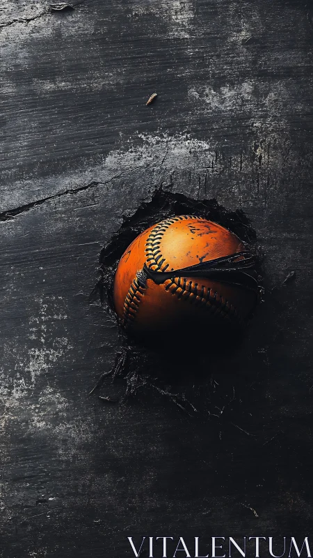 Old baseball lodged in dark cracked wooden surface.