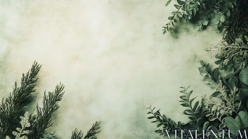 Botanical border composition on textured green backdrop.