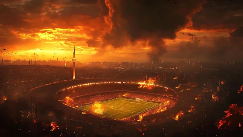 Blazing sunset stadium glowing with fiery match energy.