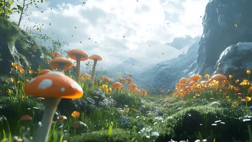 Mushroom valley landscape under bright diffuse daylight.