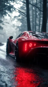 Red supercar on wet forest road in heavy rain at dusk.