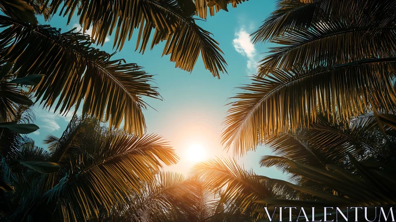 Palm fronds forming canopy around low sun in clear sky.