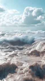 Sunlit ocean swells under towering cotton clouds.