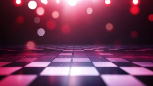 Neon-kissed checkerboard dance floor under dreamy pink haze.