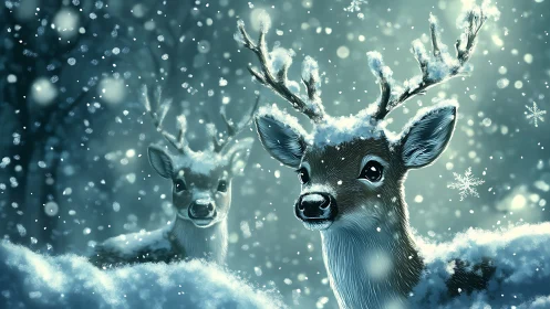 Snowlit reindeer stand in luminous winter forest storm.
