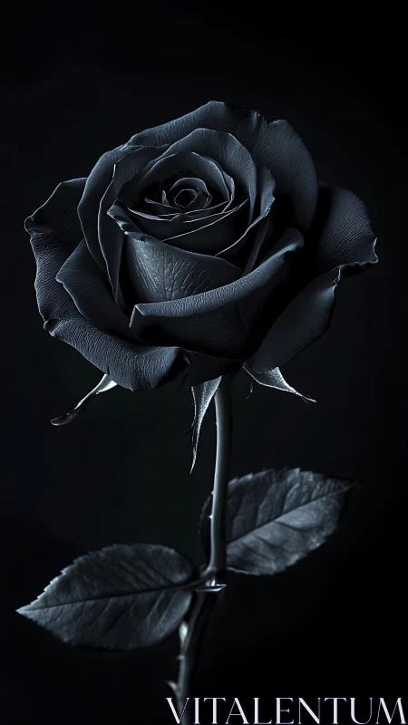 Black Rose with Stem Against Dark Background.