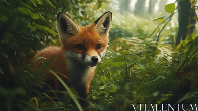 Juvenile red fox rendered in soft-focus forest macro habitat