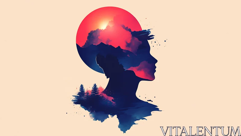 Sunlit silhouette dreaming in deep blue and rose hues.