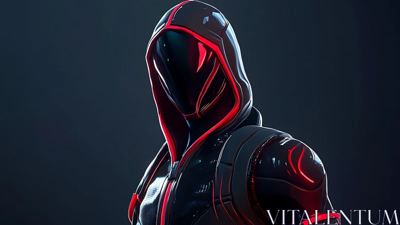 Hooded sci fi figure in reflective black armor with red light