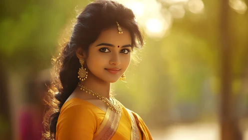 Elegant Indian Woman in Traditional Attire, Soft Golden Portrait.