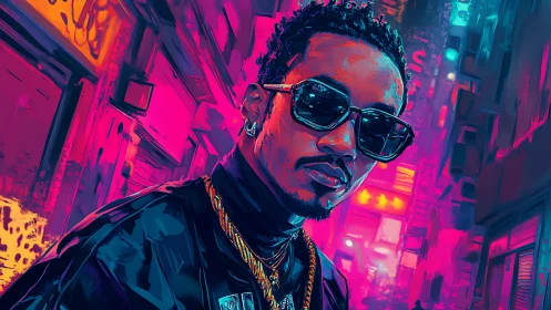 Cool man in neon city alley wears bold dark sunglasses