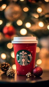 Holiday coffee cup on table before blurred tree lights.