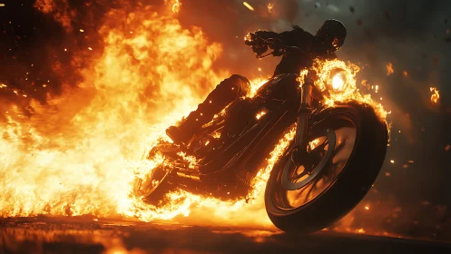 Fiery night rider racing through a storm of glowing sparks.