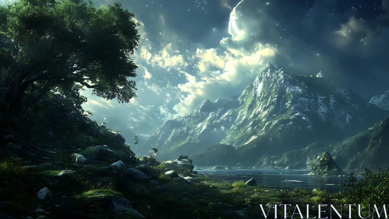 Moonlit mountain valley where starlight brushes the lake.