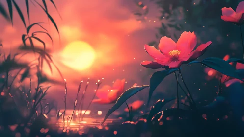 Sunlit coral blossoms beside tranquil reflective water at dusk.