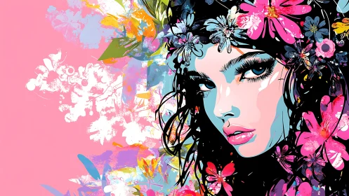 Vibrant vector portrait of floral crowned woman on pink ground