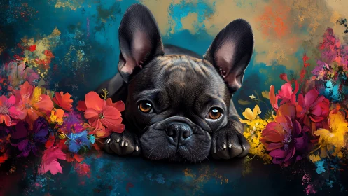 Dreamy Frenchie daydreams in a burst of bright blossoms.